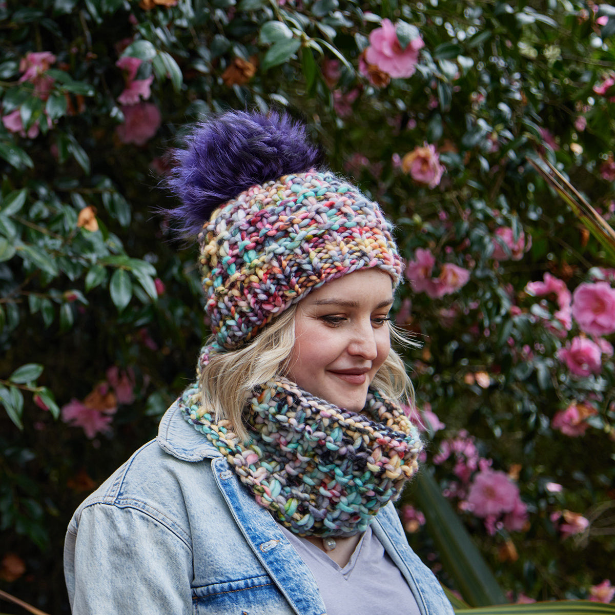 Bulky beanie hat set with cowl scarf Merino winter set – Panapufa main image 2
